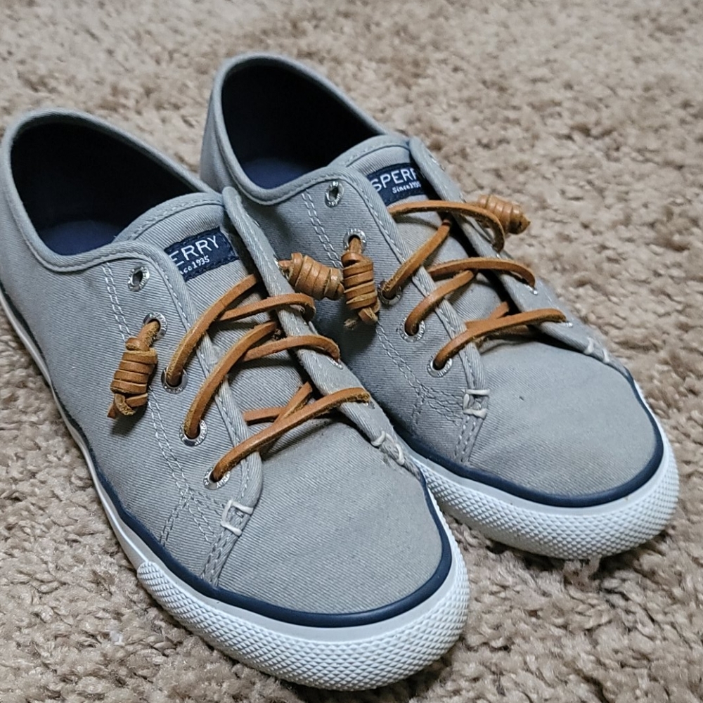 Grey Sperry Topsider with leather laces